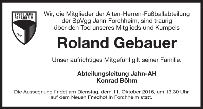  Traueranzeige für Roland Gebauer vom 08.10.2016 aus MGO
