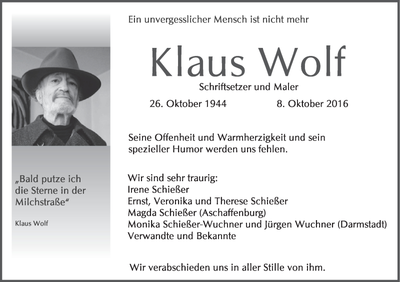  Traueranzeige für Klaus Wolf vom 15.10.2016 aus MGO