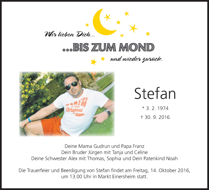  Traueranzeige für Stefan  vom 12.10.2016 aus MGO