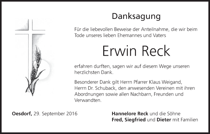  Traueranzeige für Erwin Reck vom 08.10.2016 aus MGO