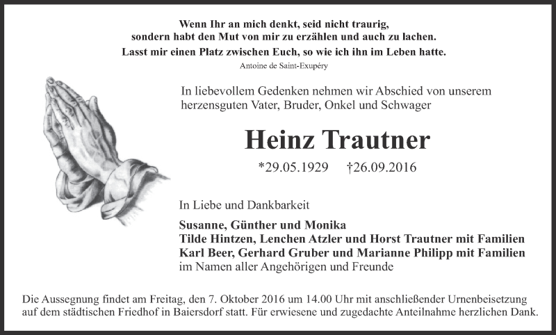  Traueranzeige für Heinz Trautner vom 05.10.2016 aus MGO