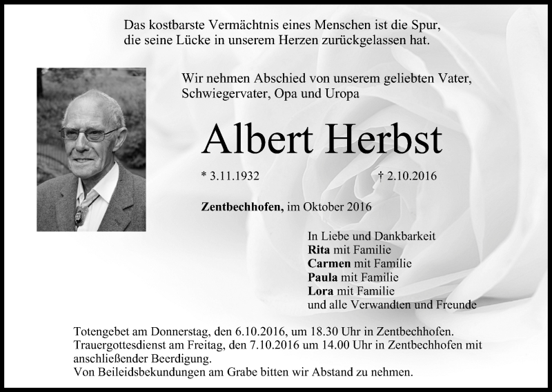  Traueranzeige für Albert Herbst vom 05.10.2016 aus MGO