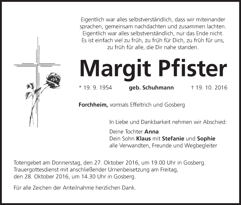  Traueranzeige für Margit Pfister vom 22.10.2016 aus MGO