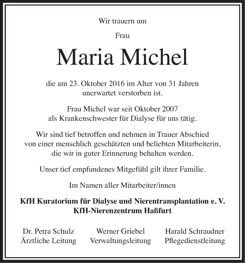  Traueranzeige für Maria Michel vom 28.10.2016 aus MGO