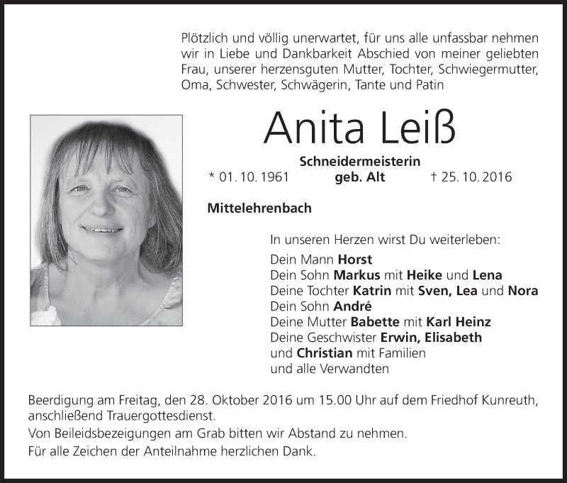  Traueranzeige für Anita Leiß vom 27.10.2016 aus MGO