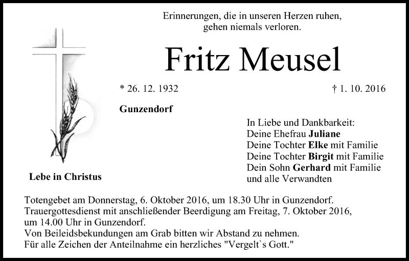  Traueranzeige für Fritz Meusel vom 05.10.2016 aus MGO