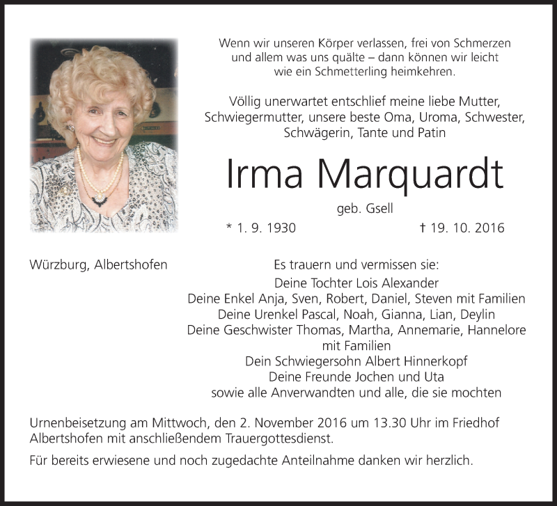  Traueranzeige für Irma Marquardt vom 31.10.2016 aus MGO