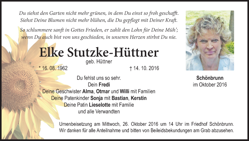  Traueranzeige für Elke Stutzke-Hüttner vom 24.10.2016 aus MGO