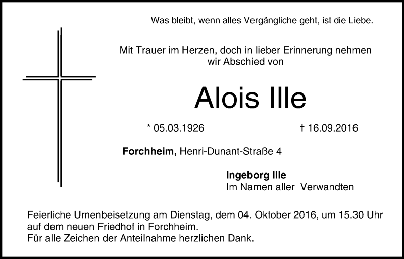  Traueranzeige für Alois Ille vom 01.10.2016 aus MGO