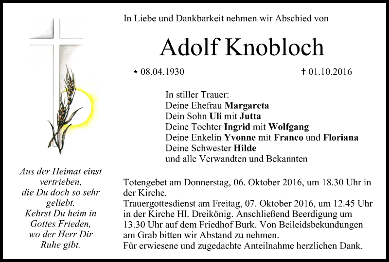  Traueranzeige für Adolf Knobloch vom 05.10.2016 aus MGO