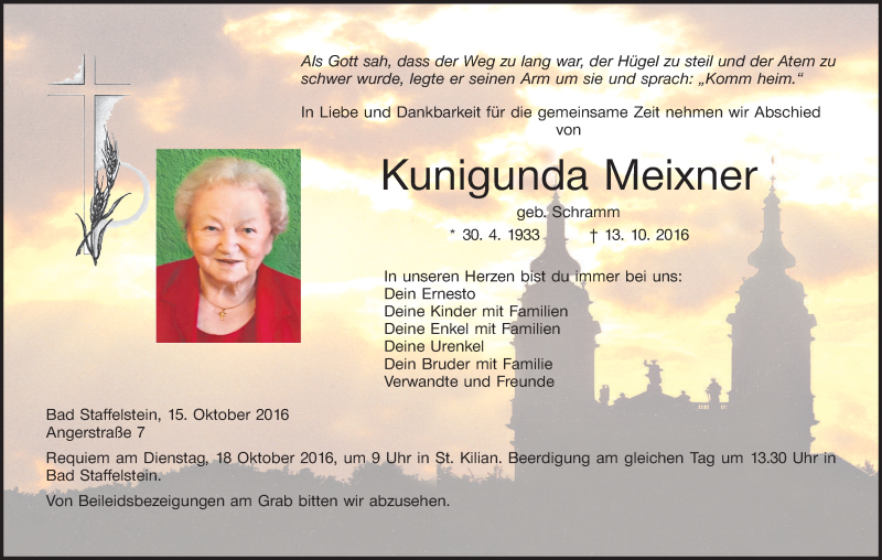  Traueranzeige für Kunigunda Meixner vom 15.10.2016 aus MGO
