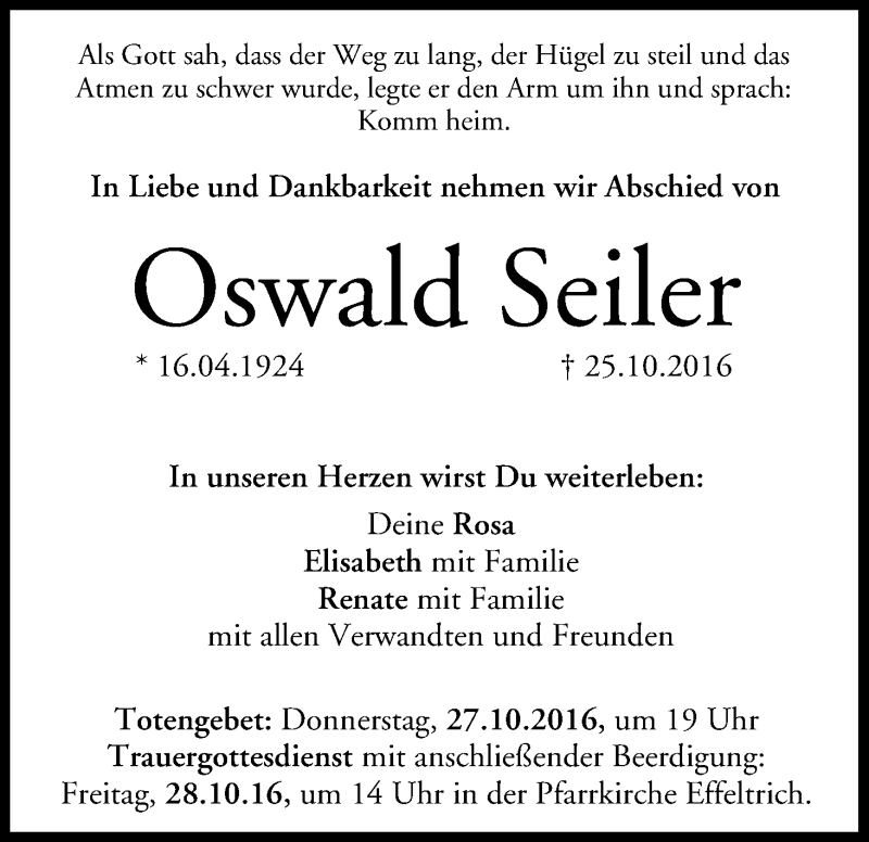  Traueranzeige für Oswald Seiler vom 27.10.2016 aus MGO