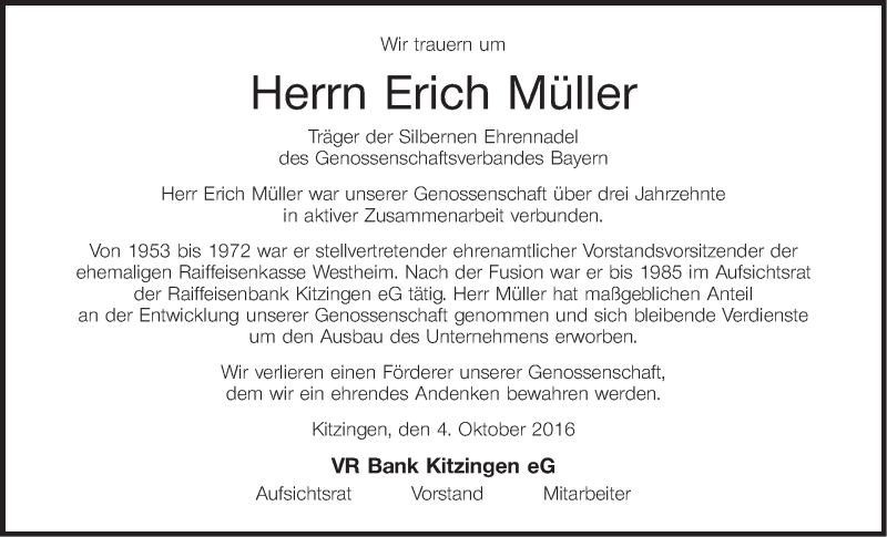  Traueranzeige für Erich Müller vom 06.10.2016 aus MGO