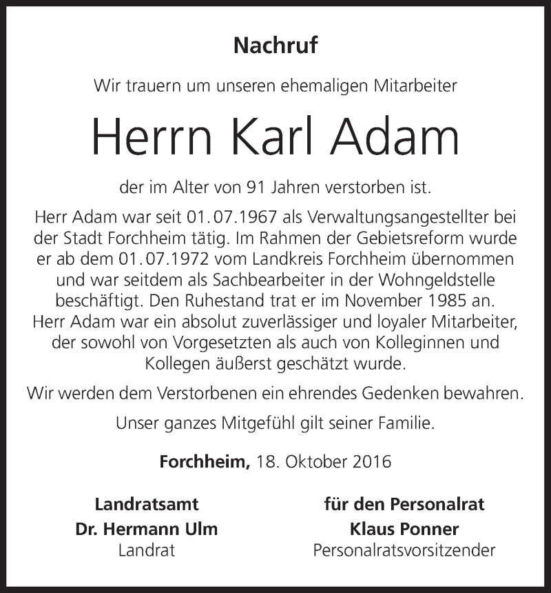  Traueranzeige für Karl Adam vom 19.10.2016 aus MGO
