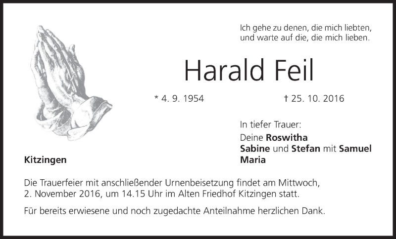  Traueranzeige für Harald Feil vom 29.10.2016 aus MGO