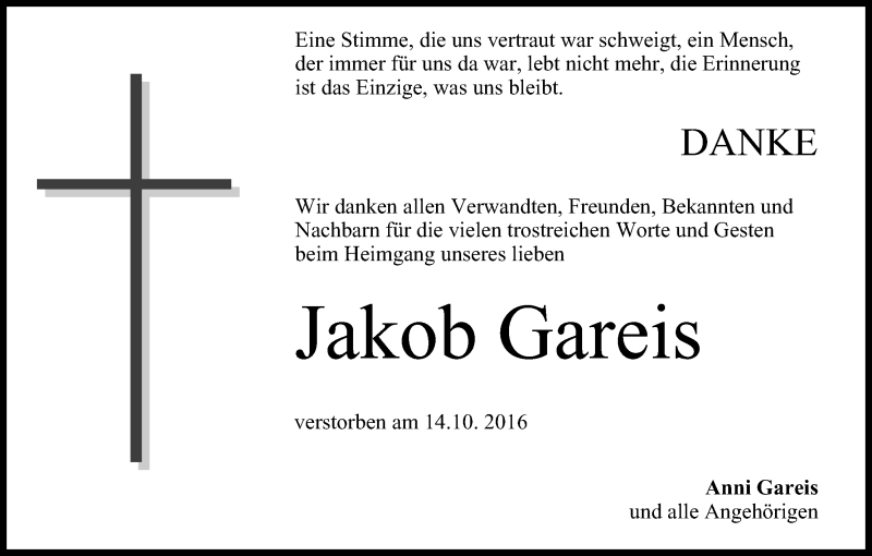  Traueranzeige für Jakob Gareis vom 29.10.2016 aus MGO