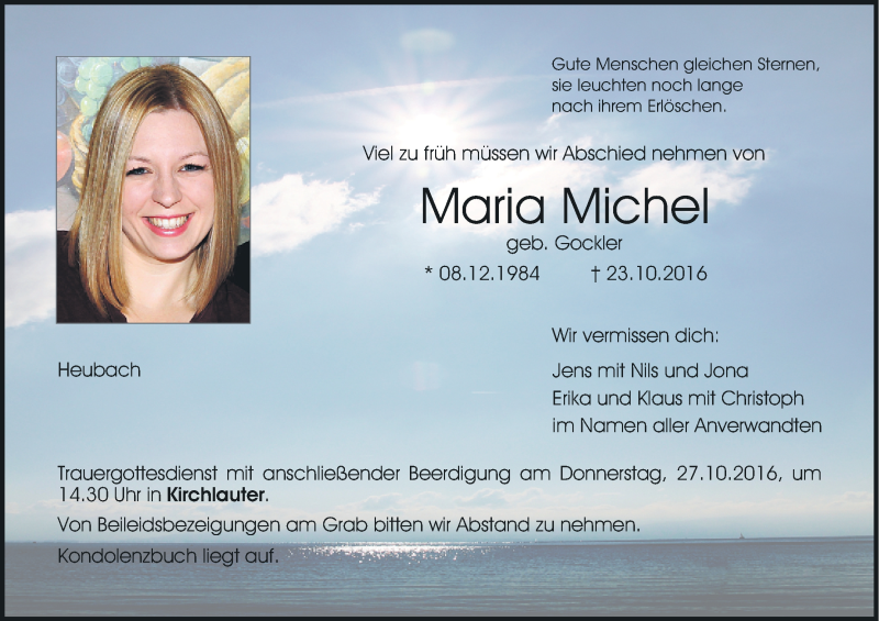  Traueranzeige für Maria Michel vom 26.10.2016 aus MGO