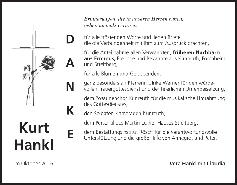  Traueranzeige für Kurt Hankl vom 08.10.2016 aus MGO