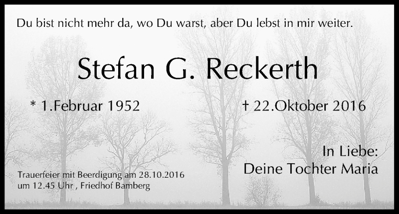  Traueranzeige für Stefan G. Reckerth vom 26.10.2016 aus MGO