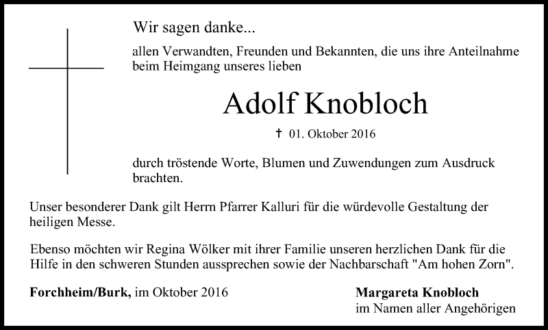  Traueranzeige für Adolf Knobloch vom 22.10.2016 aus MGO