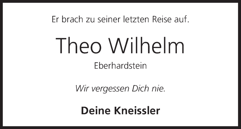  Traueranzeige für Theo Wilhelm vom 06.10.2016 aus MGO