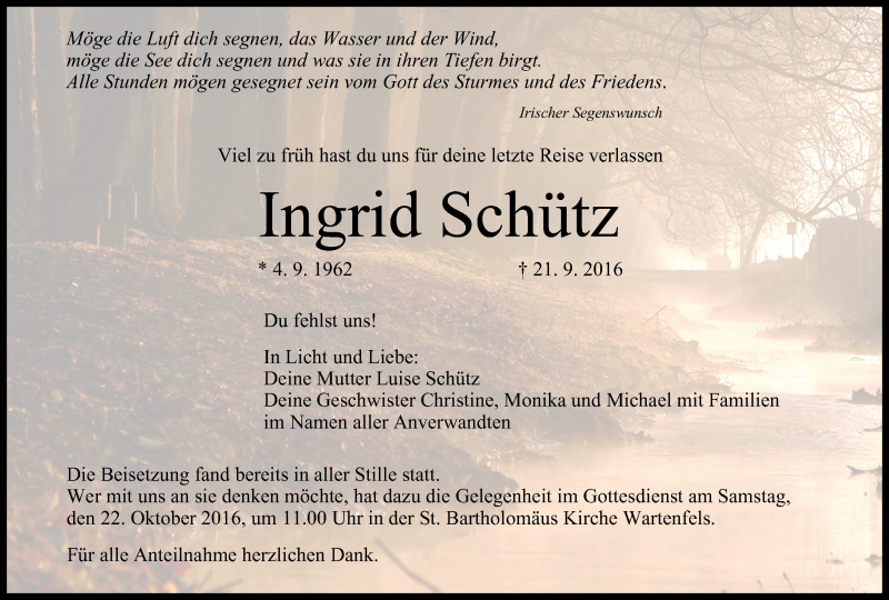 Traueranzeige für Ingrid Schütz vom 11.10.2016 aus MGO