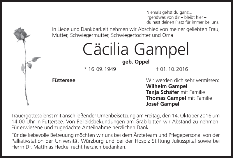  Traueranzeige für Cäcilia Gampel vom 12.10.2016 aus MGO