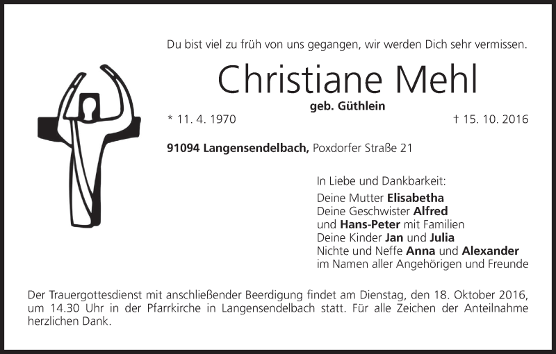  Traueranzeige für Christiane Mehl vom 17.10.2016 aus MGO