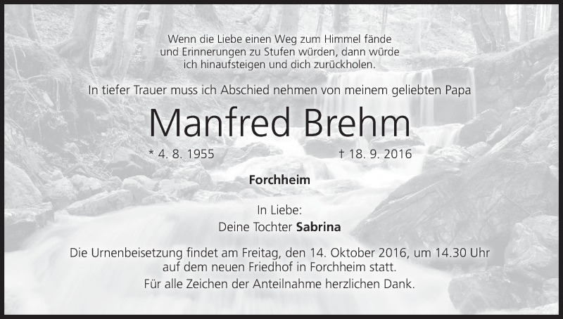  Traueranzeige für Manfred Brehm vom 08.10.2016 aus MGO
