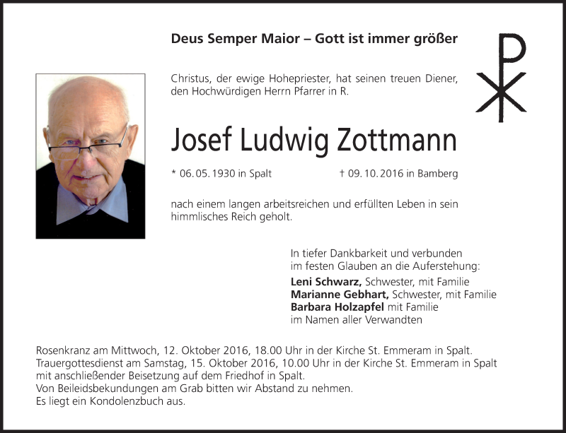  Traueranzeige für Josef Ludwig Zottmann vom 12.10.2016 aus MGO