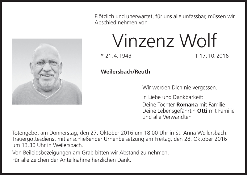  Traueranzeige für Vinzenz Wolf vom 22.10.2016 aus MGO