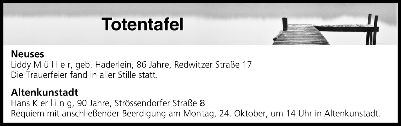  Traueranzeige für Totentafel vom 21.10.2016 vom 21.10.2016 aus MGO