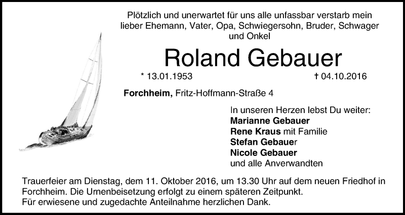  Traueranzeige für Roland Gebauer vom 08.10.2016 aus MGO