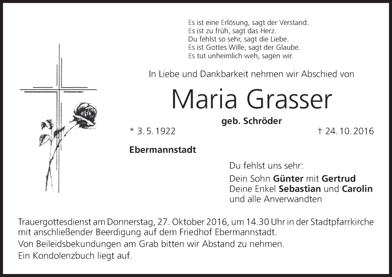  Traueranzeige für Maria Grasser vom 26.10.2016 aus MGO
