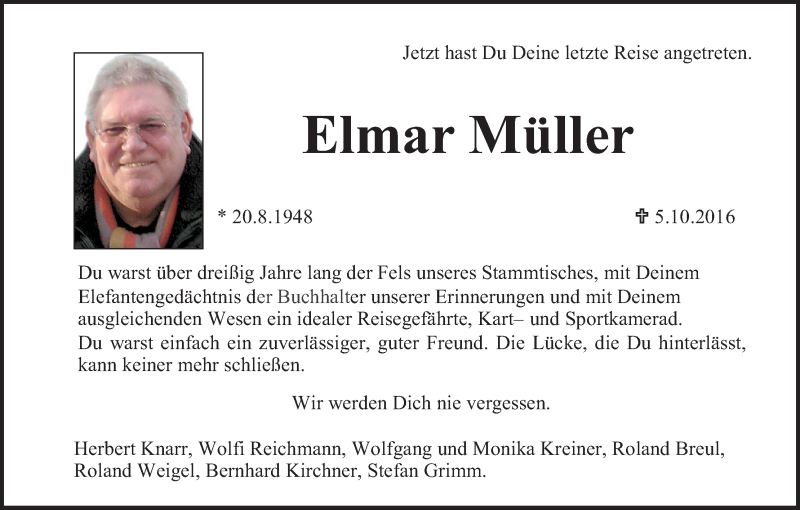  Traueranzeige für Elmar Müller vom 08.10.2016 aus MGO
