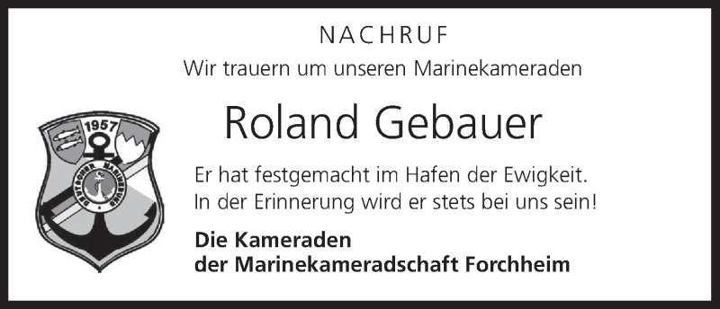  Traueranzeige für Roland Gebauer vom 08.10.2016 aus MGO
