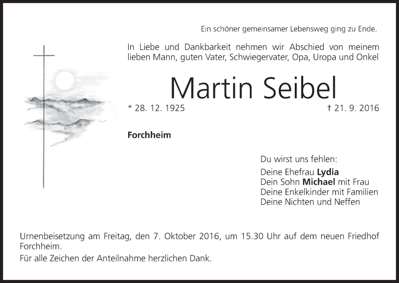  Traueranzeige für Martin Seibel vom 01.10.2016 aus MGO