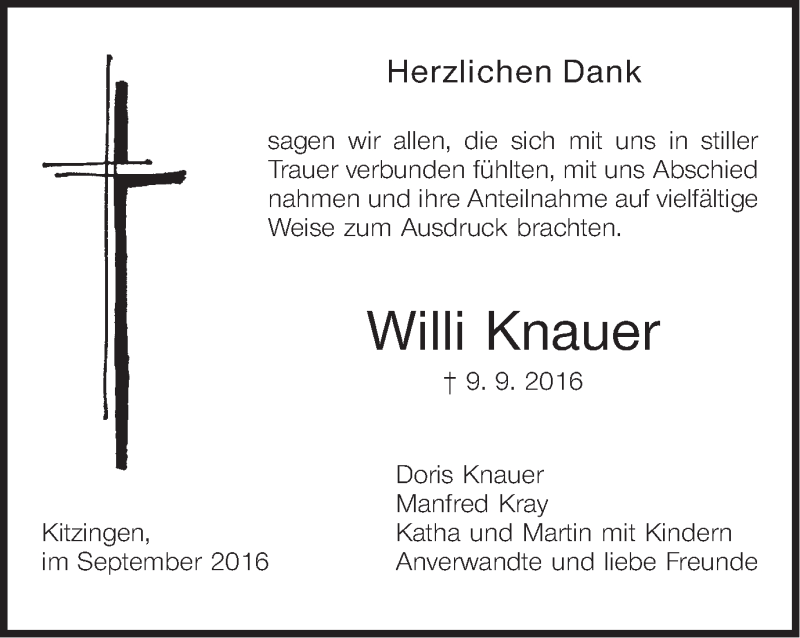  Traueranzeige für Willi Knauer vom 08.10.2016 aus MGO