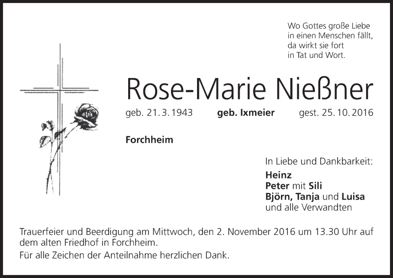 Traueranzeige für Rose-Marie Nießner vom 29.10.2016 aus MGO