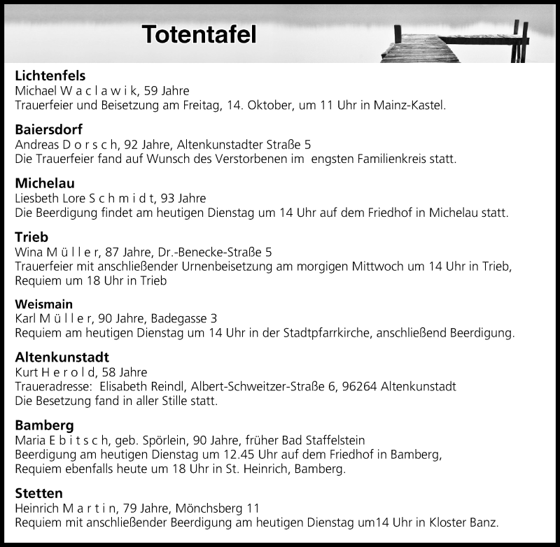 Traueranzeige für Totentafel vom 11.10.2016 vom 11.10.2016 aus MGO