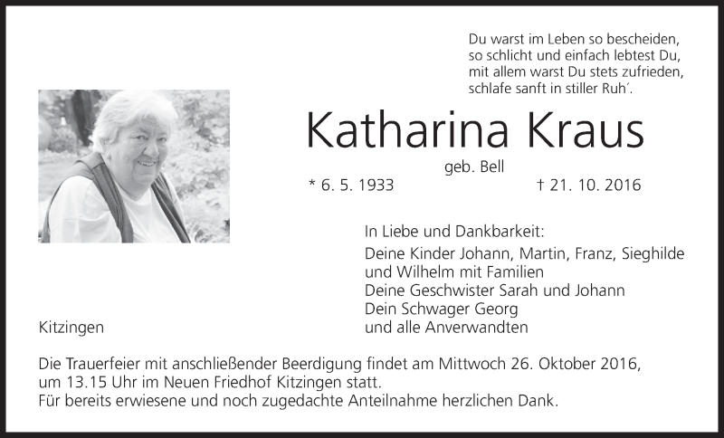  Traueranzeige für Katharina Kraus vom 25.10.2016 aus MGO