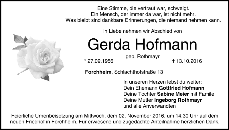  Traueranzeige für Gerda Hofmann vom 29.10.2016 aus MGO