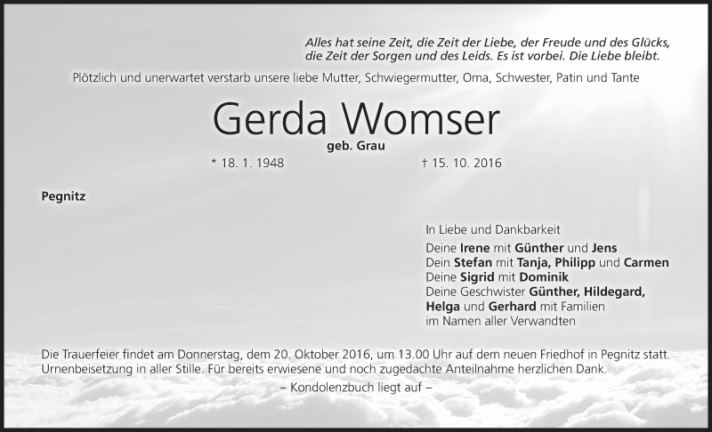  Traueranzeige für Gerda Womser vom 18.10.2016 aus MGO