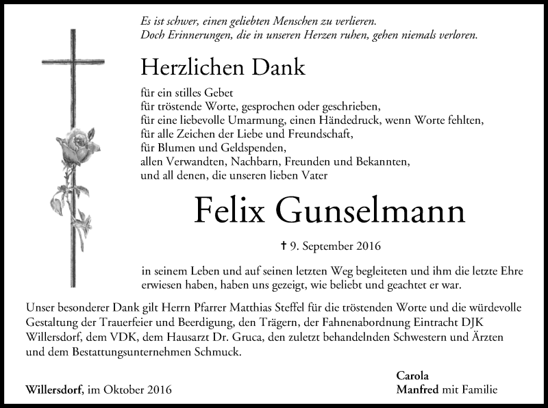  Traueranzeige für Felix Gunselmann vom 22.10.2016 aus MGO