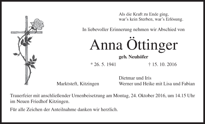  Traueranzeige für Anna Öttinger vom 22.10.2016 aus MGO