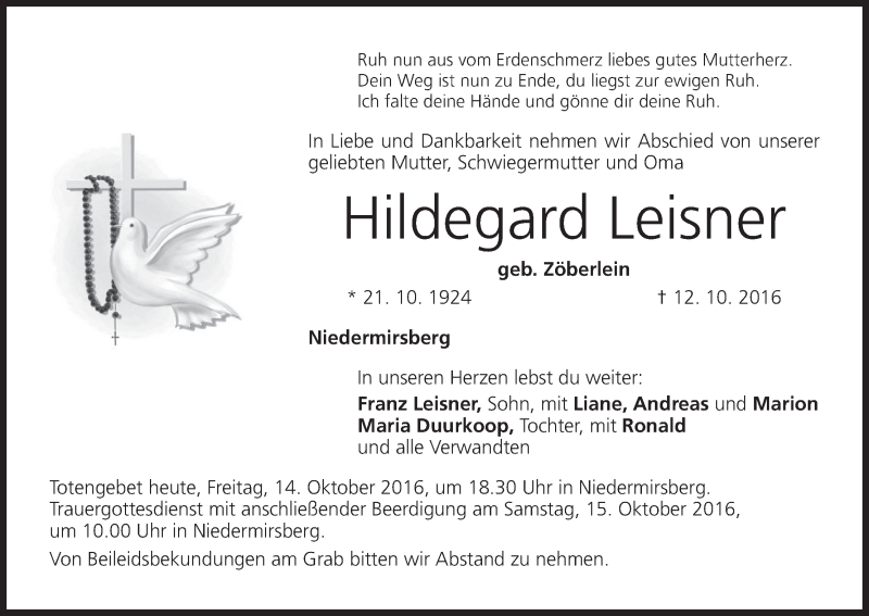  Traueranzeige für Hildegard Leisner vom 14.10.2016 aus MGO