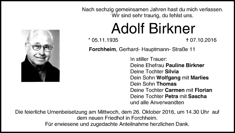  Traueranzeige für Adolf Birkner vom 22.10.2016 aus MGO