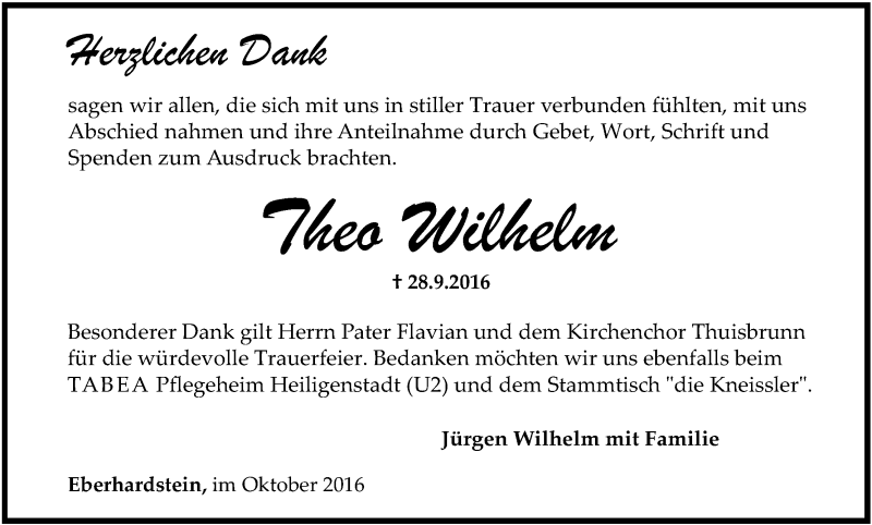  Traueranzeige für Theo Wilhelm vom 29.10.2016 aus MGO