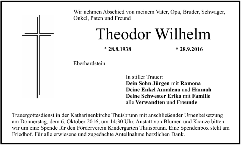 Traueranzeige für Theodor Wilhelm vom 01.10.2016 aus MGO