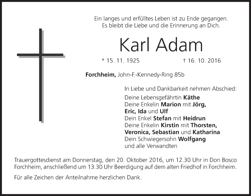  Traueranzeige für Karl Adam vom 18.10.2016 aus MGO